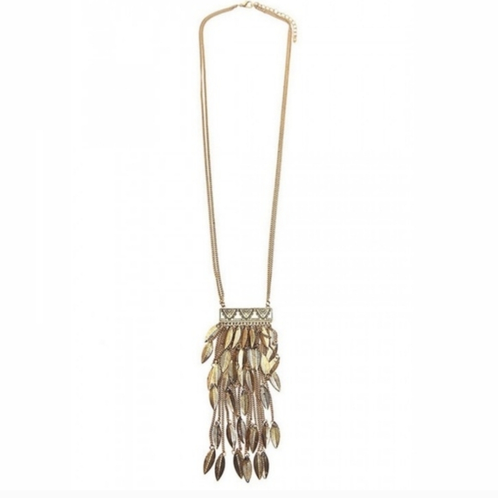 Gold Tone Long Leaf Boho Necklace - Picture 4 of 4